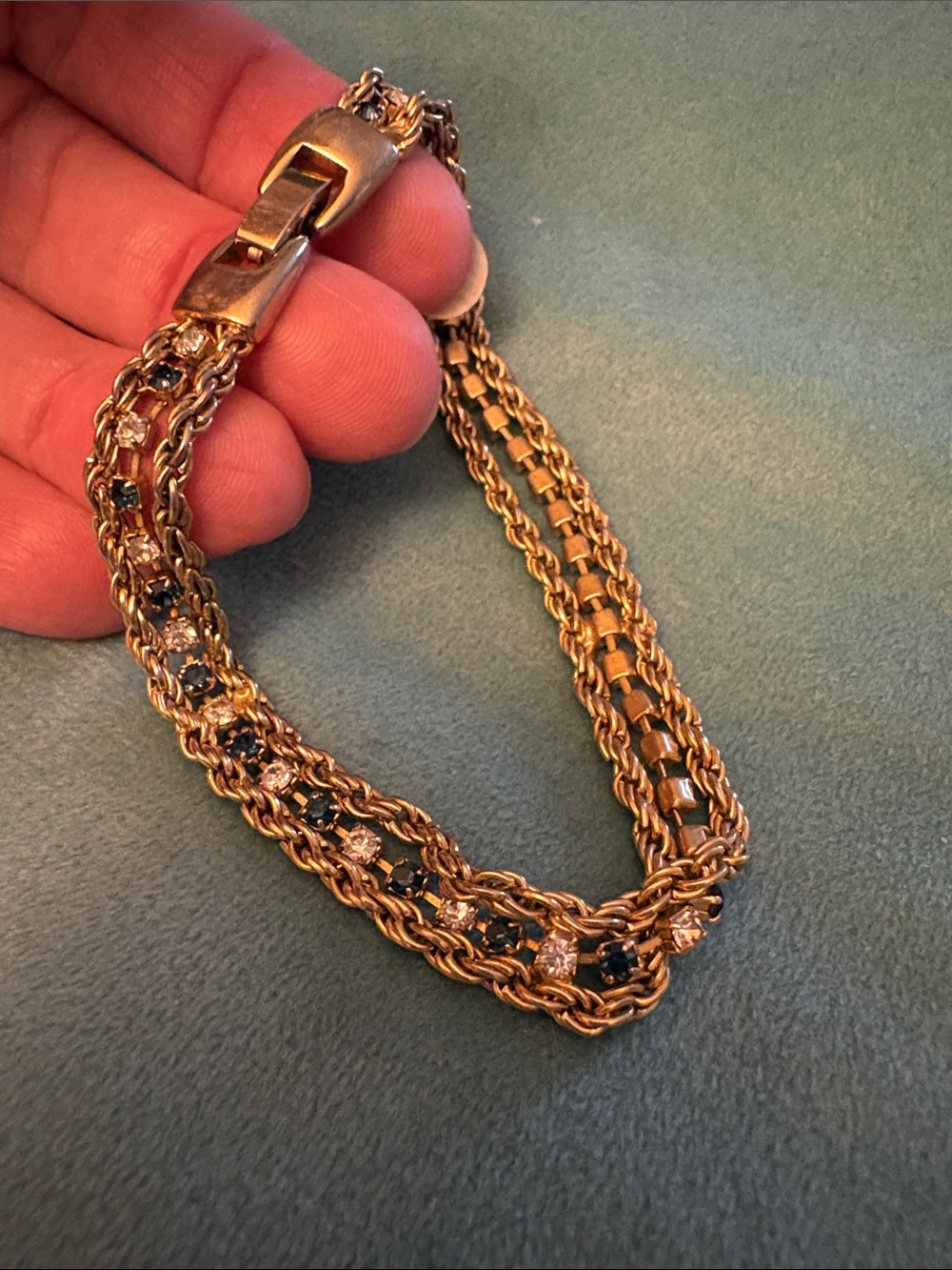 Vintage Gold Tone Blue/Clear Rhinestone Double Chain Bracelet